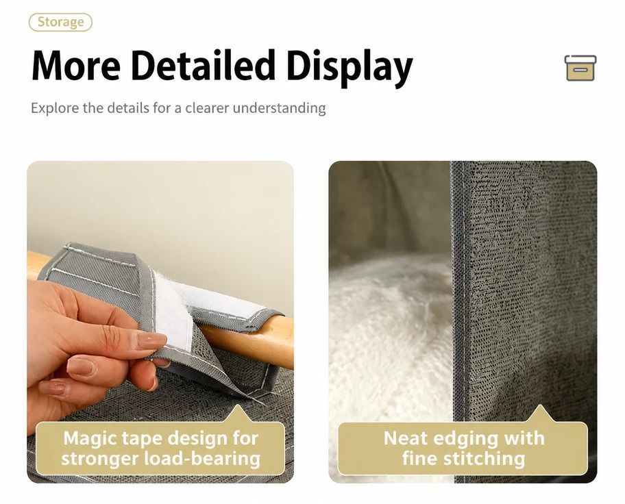 Cotton Linen Hanging Wardrobe Organiser in grey woven fabric, showing a hook-and-loop fastening and finely stitched edging.