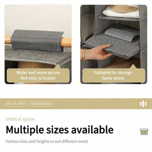 Cotton Linen Hanging Wardrobe Organiser in grey non-woven fabric, with a secure rail loop and foldable tiered shelves