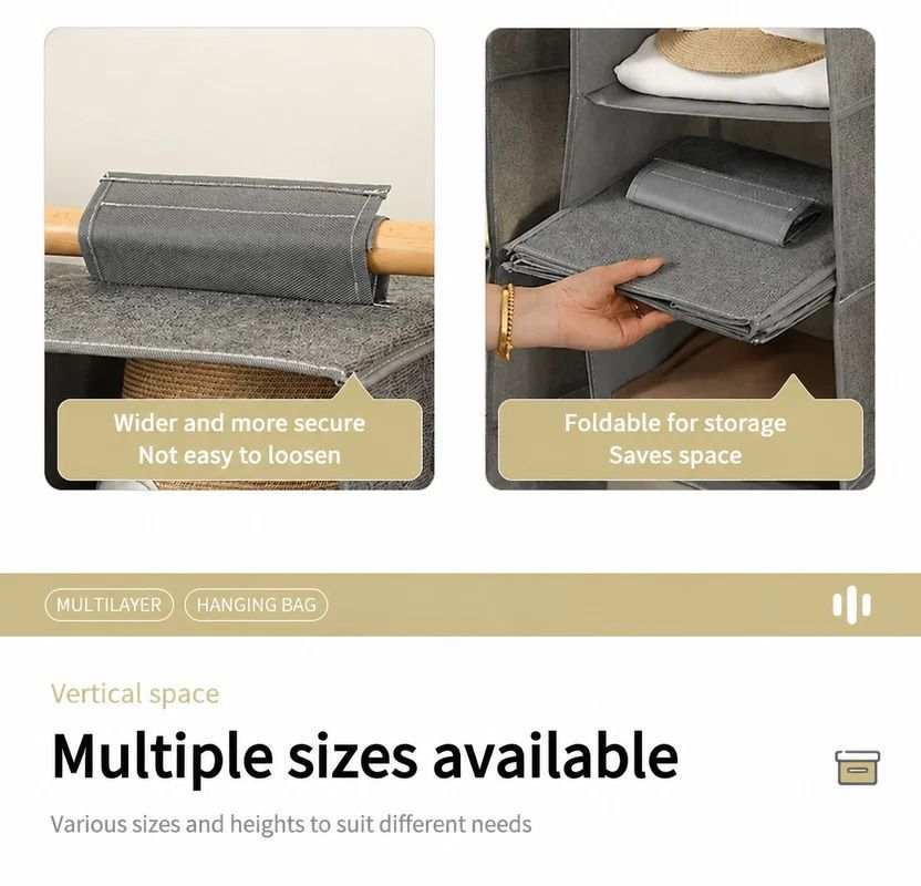 Cotton Linen Hanging Wardrobe Organiser in grey non-woven fabric, with a secure rail loop and foldable tiered shelves