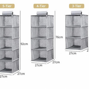 Cotton Linen Hanging Wardrobe Organiser shown in grey non-woven fabric, with open shelves in 3, 4 and 5-tier options
