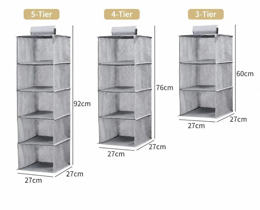 Cotton Linen Hanging Wardrobe Organiser shown in grey non-woven fabric, with open shelves in 3, 4 and 5-tier options