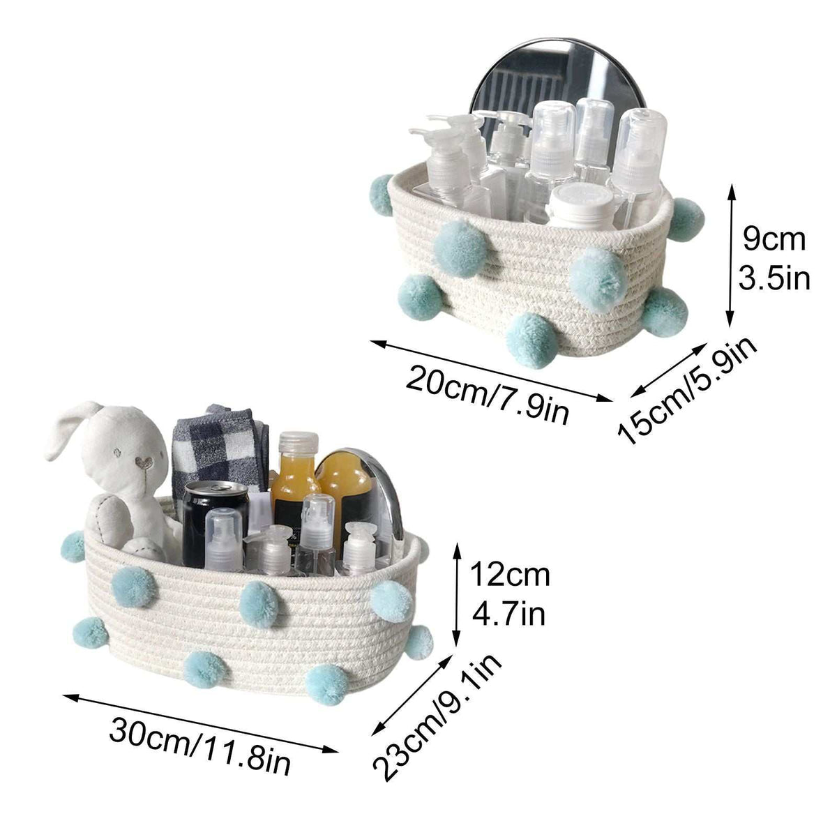 Cotton Rope Knitting storage baskets in off-white woven cotton with aqua pom-pom accents, shown in two sizes