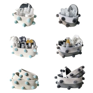Cotton Rope Knitting storage baskets in white and grey woven cotton rope with contrasting fluffy pom-pom accents