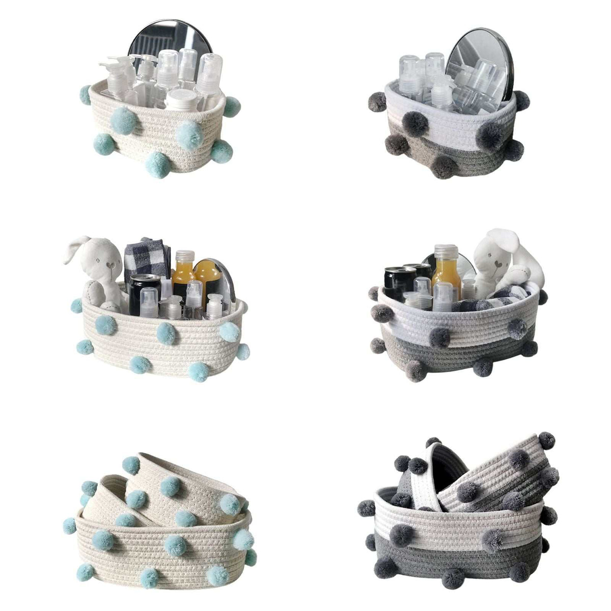 Cotton Rope Knitting storage baskets in white and grey woven cotton rope with contrasting fluffy pom-pom accents