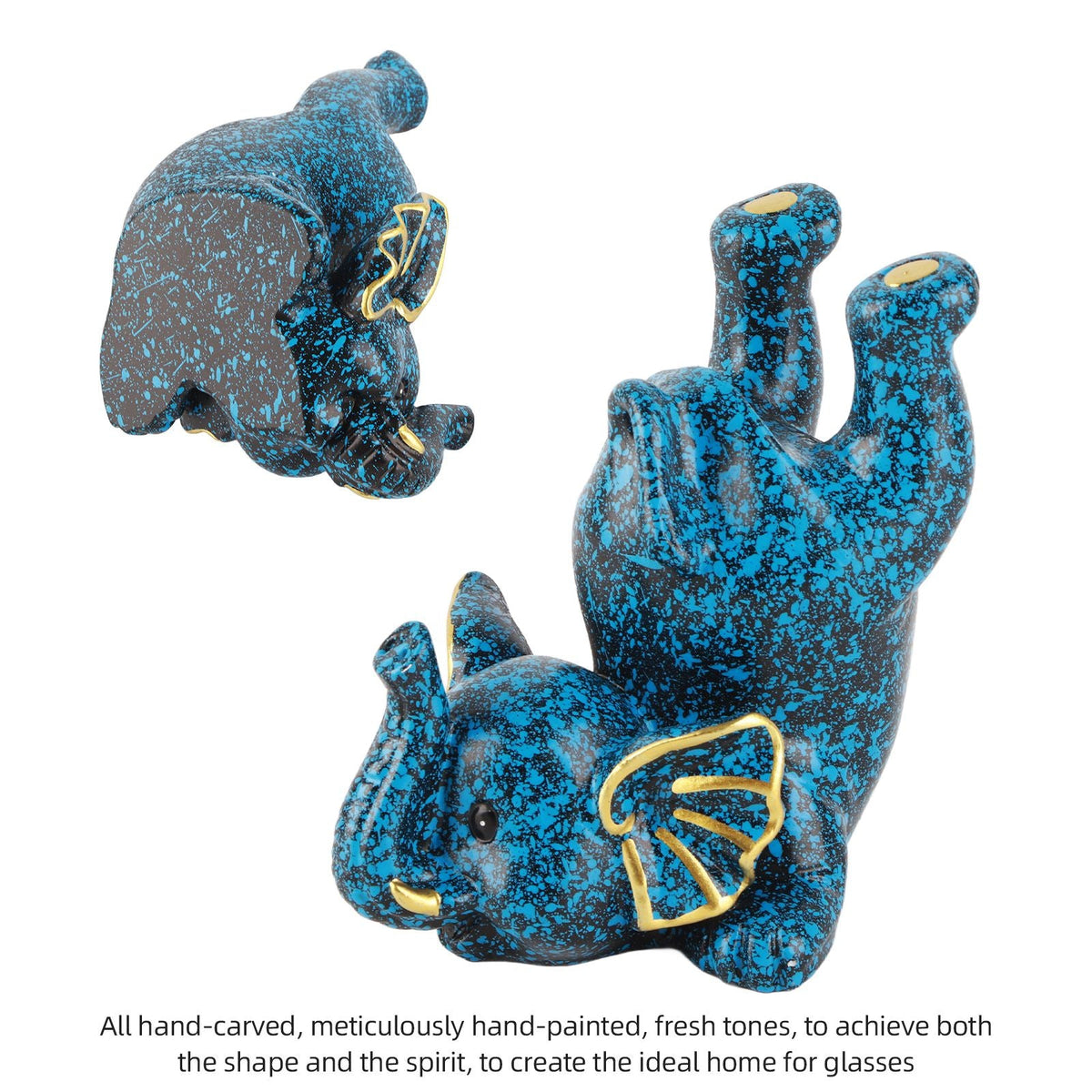 Creative Attraction Small Elephant glasses holder in mottled blue and black, with gold-trimmed ears and raised trunk slots