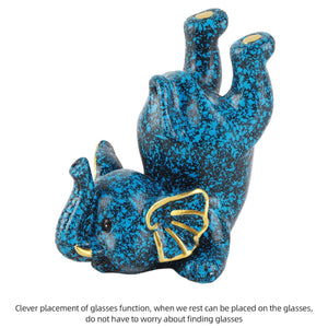 Creative Attraction Small Elephant glasses holder in blue and black speckled resin, with gold accents and raised trunk to support eyewear.