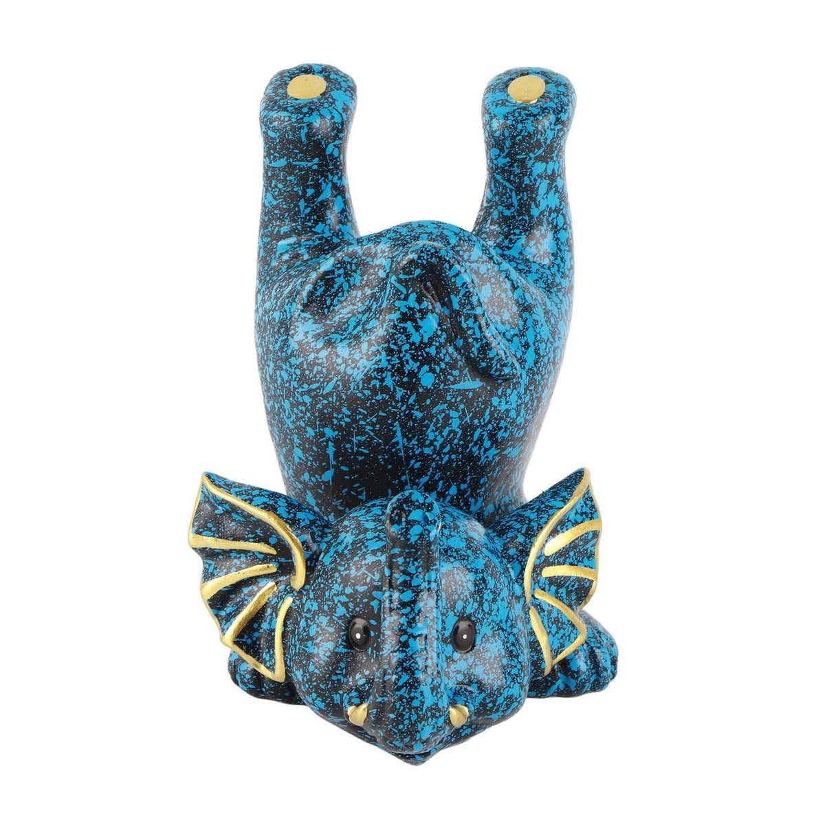 Creative Attraction Small Elephant glasses holder in blue and black speckled resin, with yellow-trimmed ears and raised legs