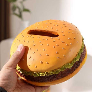 Creative Burger Tissue Box in orange plastic, shaped like a sesame seed bun with lettuce and patty details and a tissue slot