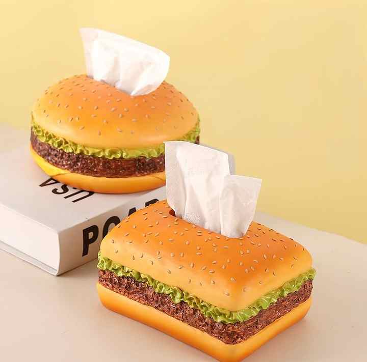 Creative Burger Tissue Box holders in orange plastic, shaped like sesame-seed buns with green lettuce and brown patty layers