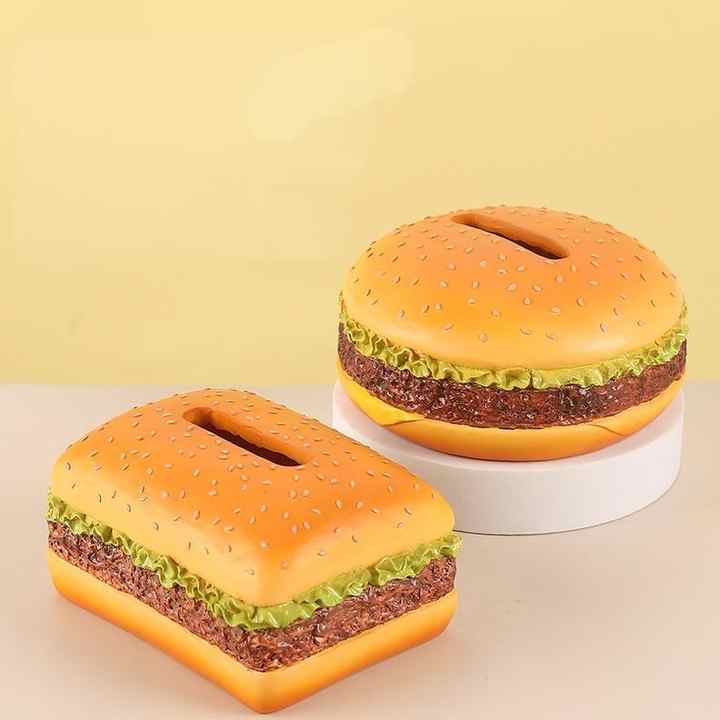 Creative Burger Tissue Box in orange plastic with raised sesame-seed bun, green lettuce and brown patty detailing