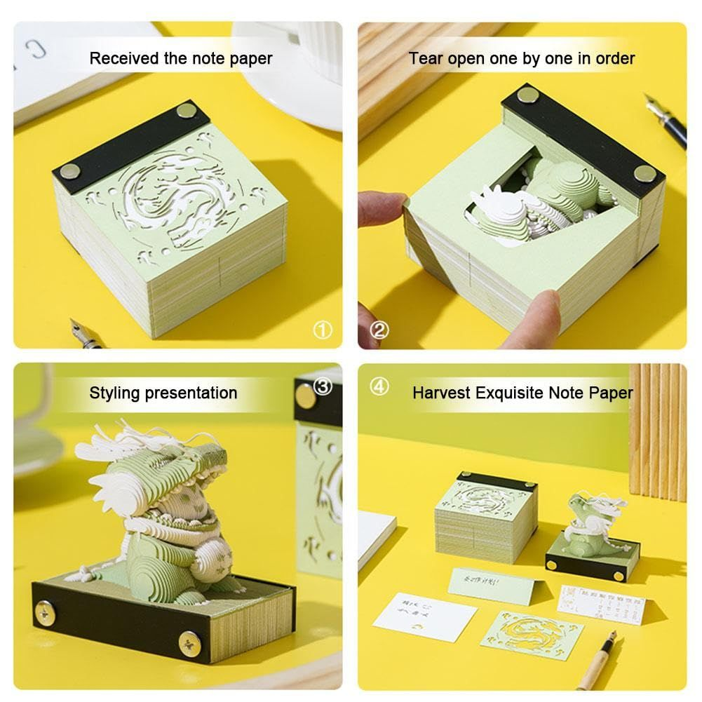 Cute Animal Model Dragon paper notepad in pale green layers, revealing a sculpted white dragon with a black and gold base