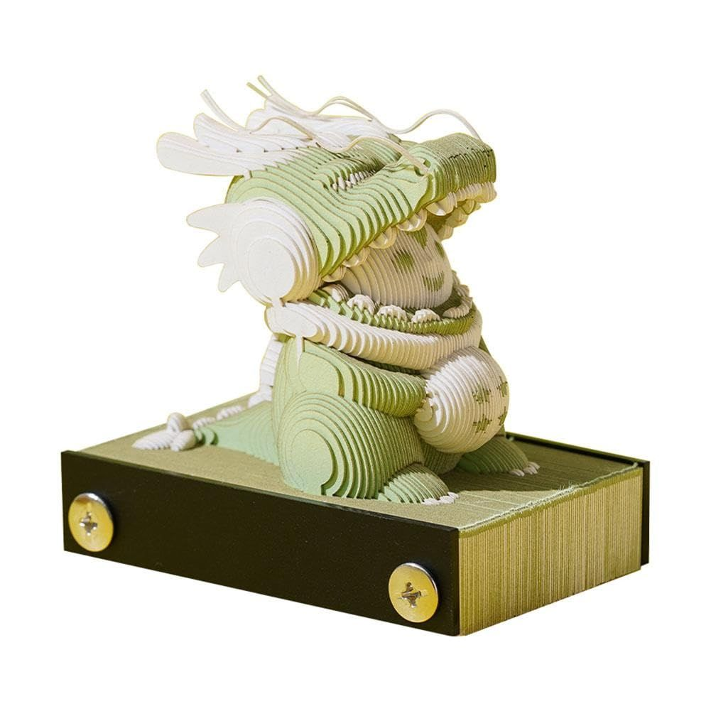 Cute Animal Model Dragon paper sculpture, pale green and cream layered pages forming a detailed dragon on a dark base