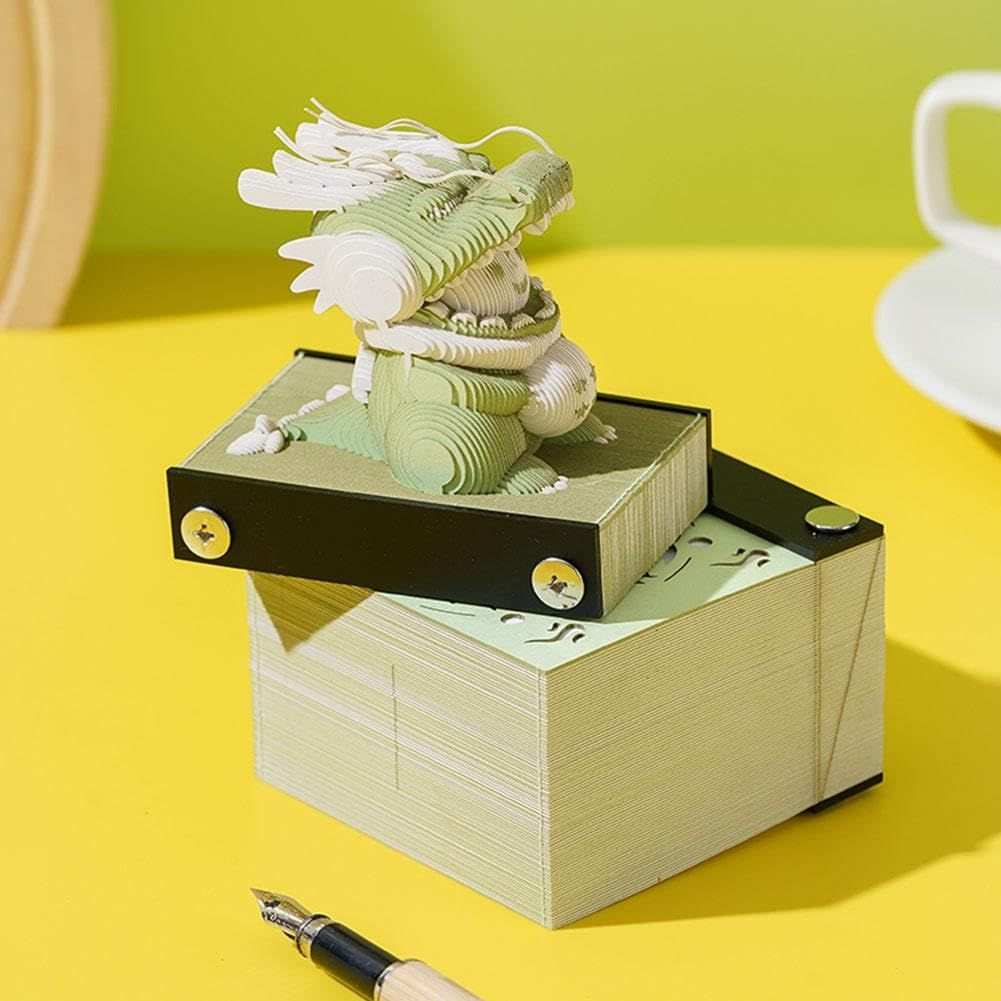 Cute Animal Model Dragon paper sculpture notepad with a pale green and white layered dragon and stacked pages