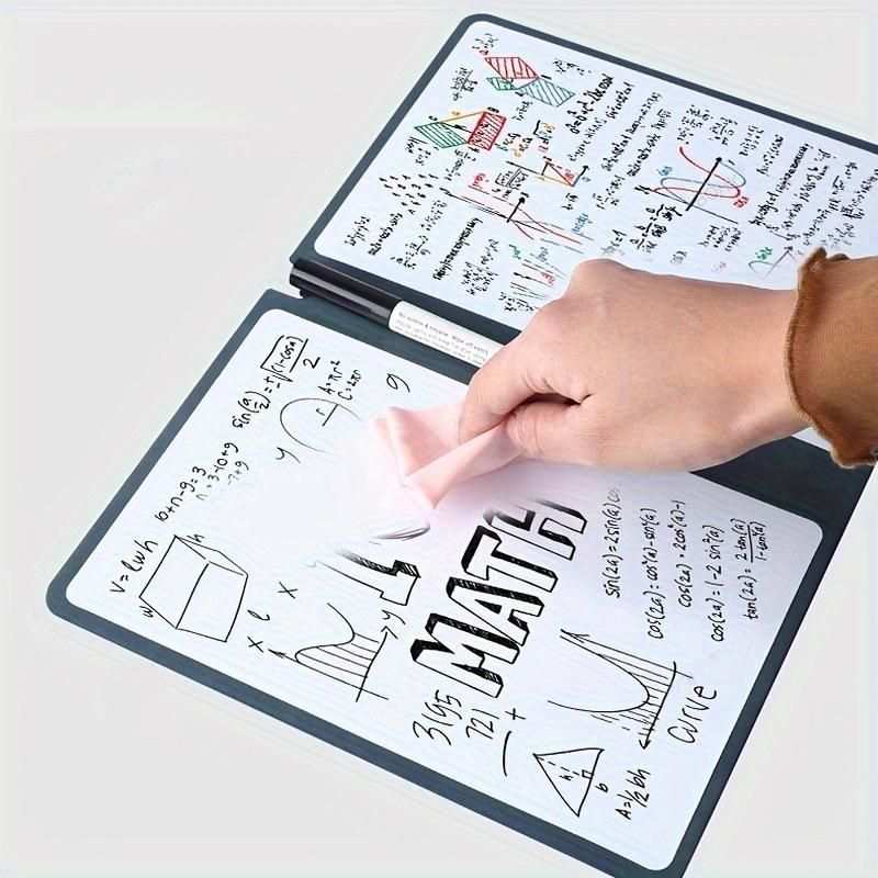 Dark Blue A4 reusable whiteboard notebook with white dry-erase pages, dark blue edging and handwritten notes