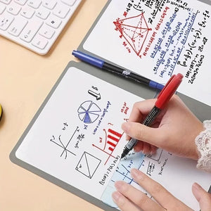 Dark Blue A4 reusable whiteboard notebook with a grey border, glossy white writing surface and handwritten diagrams