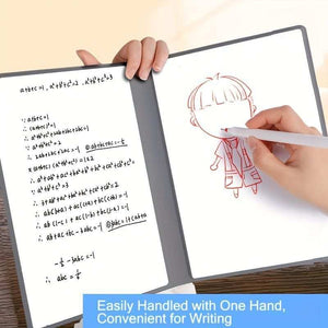Dark Blue A4 reusable whiteboard notebook with grey dividers, white writing panels, handwritten notes and sketches