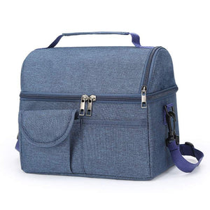 Dark Blue Large Insulated storage bag in blue textured fabric, with a top handle, multiple zippers and front pockets