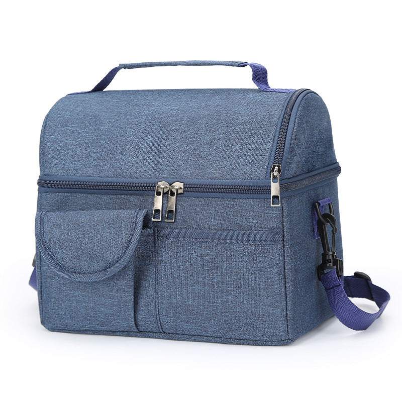 Dark Blue Large Insulated storage bag in blue textured fabric, with a top handle, multiple zippers and front pockets