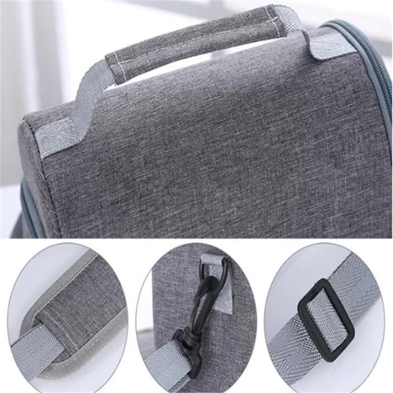 Dark Blue Large Insulated storage bag in textured grey fabric, with a sturdy handle, blue edging and adjustable strap details