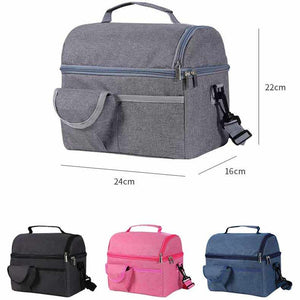 Insulated storage bag in dark blue Oxford fabric with dual zippers, front pocket, carry handle and shoulder strap