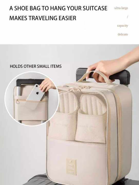 Dark Blue Waterproof Foldable shoe bag with beige mesh panels, zippered compartments and a suitcase handle sleeve