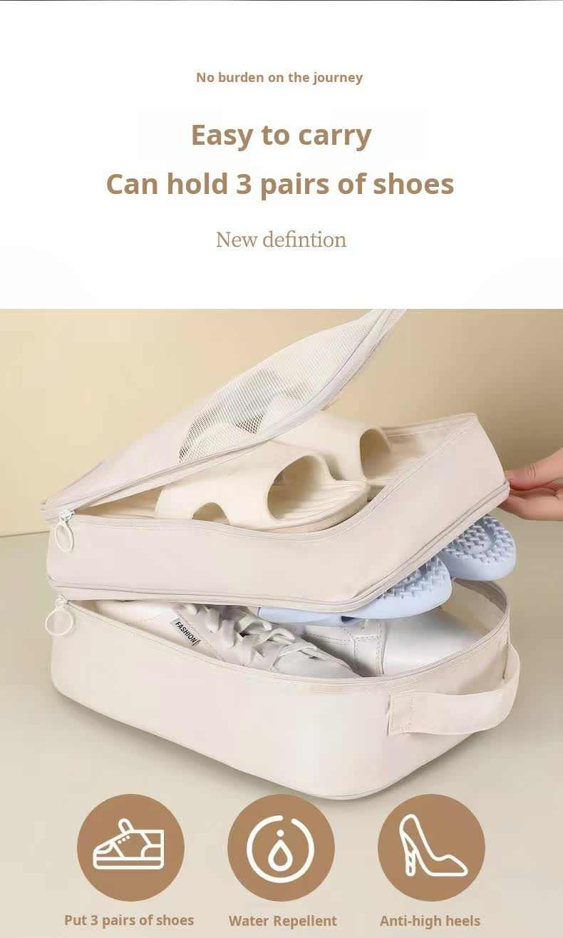Travel shoe organiser bag in light beige fabric, shown open with three layers holding shoes and a carry handle; Dark Blue Waterproof Foldable