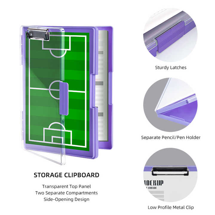 Dark Gray A4 Plastic storage clipboard with a purple frame, transparent panels, two compartments, latches and metal clip