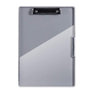 Dark Gray A4 Plastic storage clipboard with a translucent gray cover, black metal document clip, and side clasp