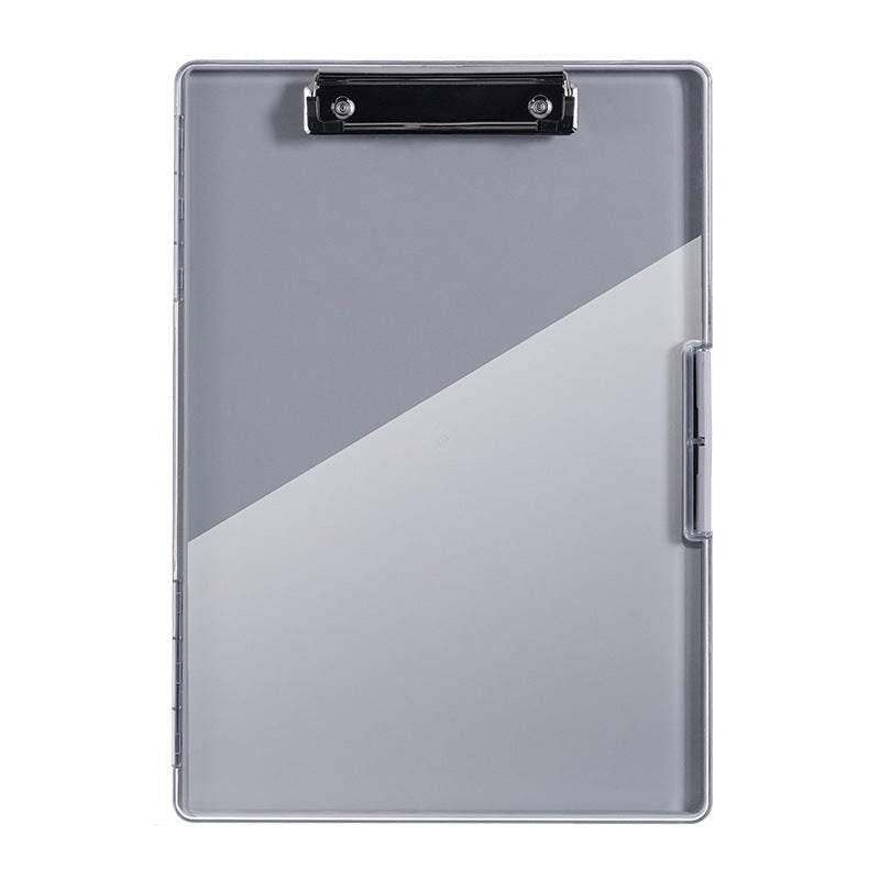 Dark Gray A4 Plastic storage clipboard with a translucent gray cover, black metal document clip, and side clasp