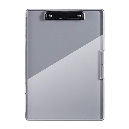 Dark Gray A4 Plastic storage clipboard with a translucent gray cover, black metal document clip, and side clasp