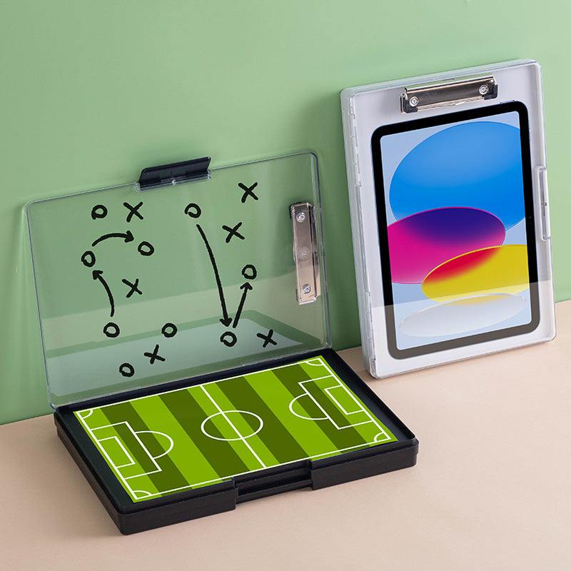 Dark Gray A4 Plastic storage clipboard with a transparent hinged lid, document clip, and green football tactics board