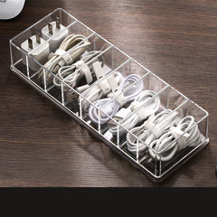 Clear Desktop Cable Organiser Box – 8-Grid, Lidded, 25x8x4.5cm, Suits Cables & Accessories