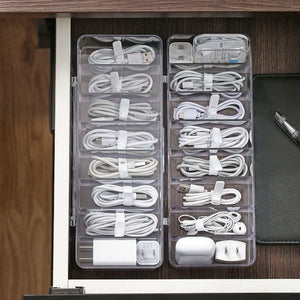 Desktop Data Cable Storage organiser with clear plastic compartments, sorting white coiled cables and accessories under a lid