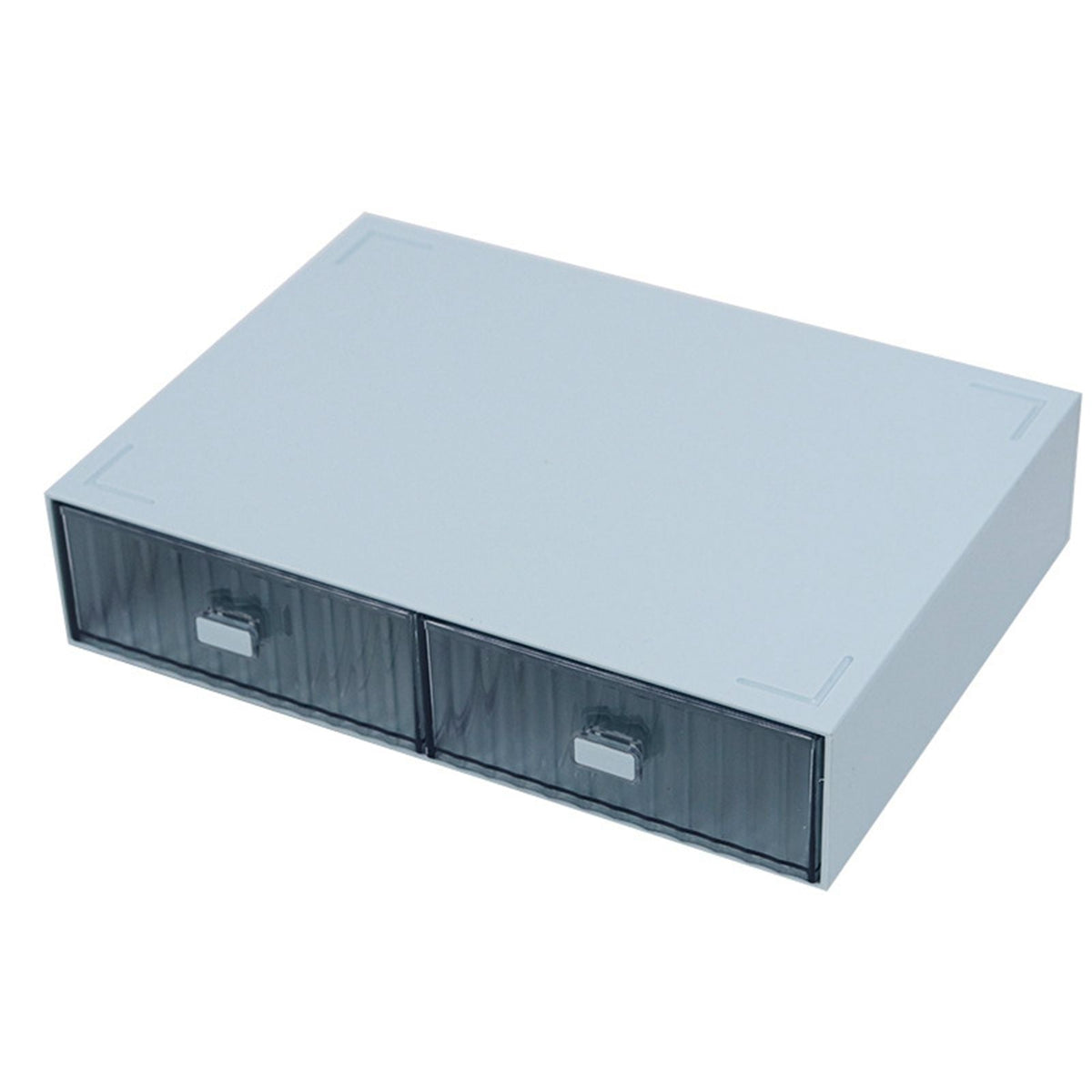 Desktop Drawer Organizer in pale blue plastic with two dark translucent striped drawers and silver handles