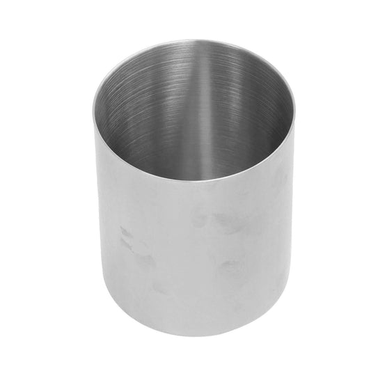 Desktop Pencil Cup in silver stainless steel, with a simple round shape, open top and brushed metal finish.
