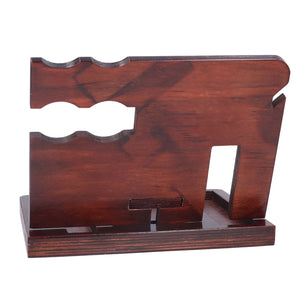 Desktop Storage Bracket in dark reddish-brown wood with a glossy finish, notched upper edges and a wide base