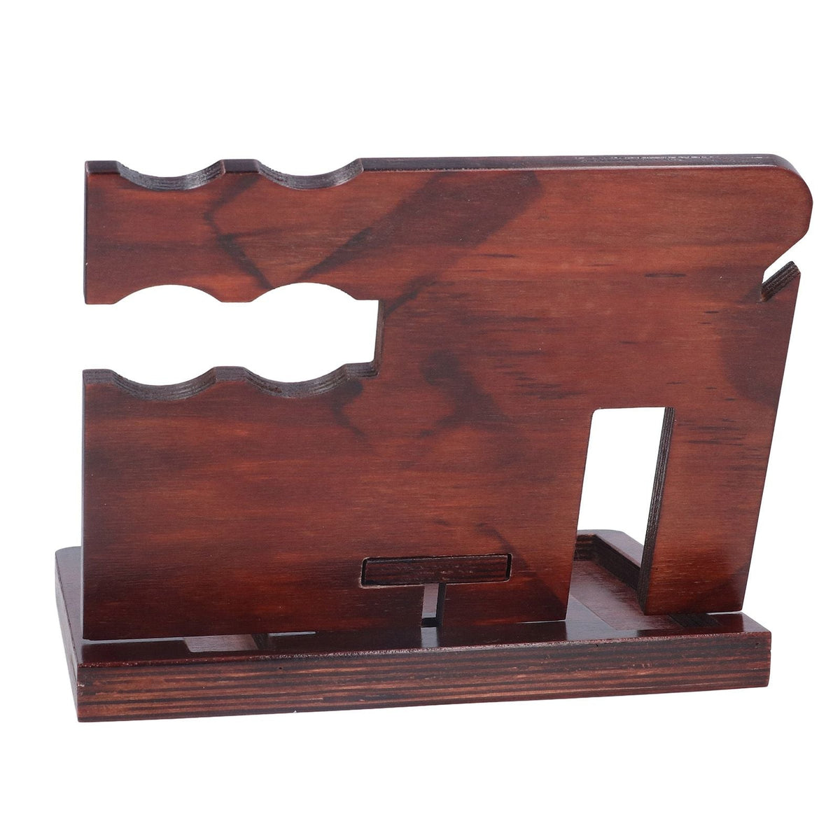 Desktop Storage Bracket in dark reddish-brown wood with a glossy finish, notched upper edges and a wide base