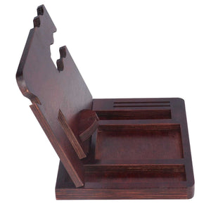Desktop Storage Bracket in dark reddish-brown wood with a slanted phone holder and divided tray compartments