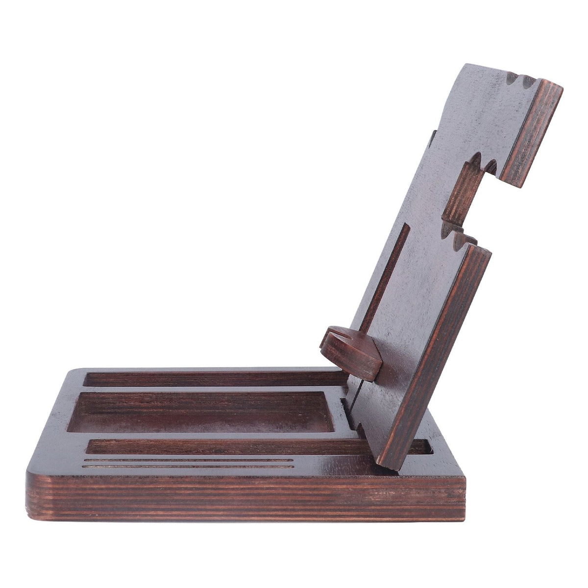 Desktop Storage Bracket in dark brown layered wood with a grooved base and angled notched phone stand