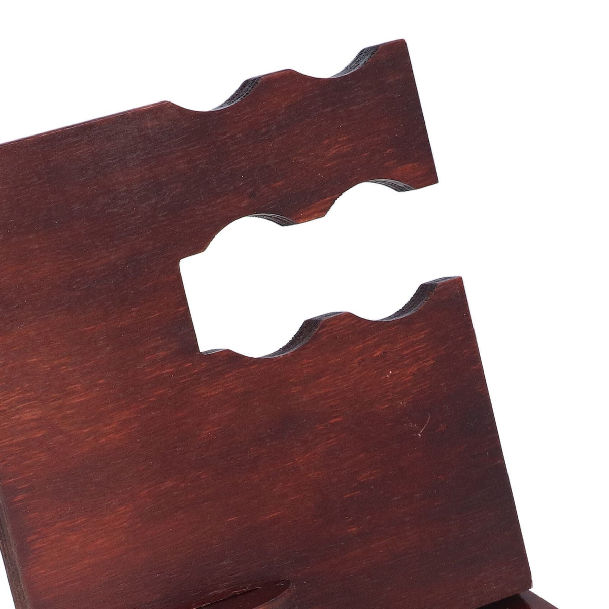 Desktop Storage Bracket with dark reddish-brown wood grain and scalloped slots along the edges of two panels