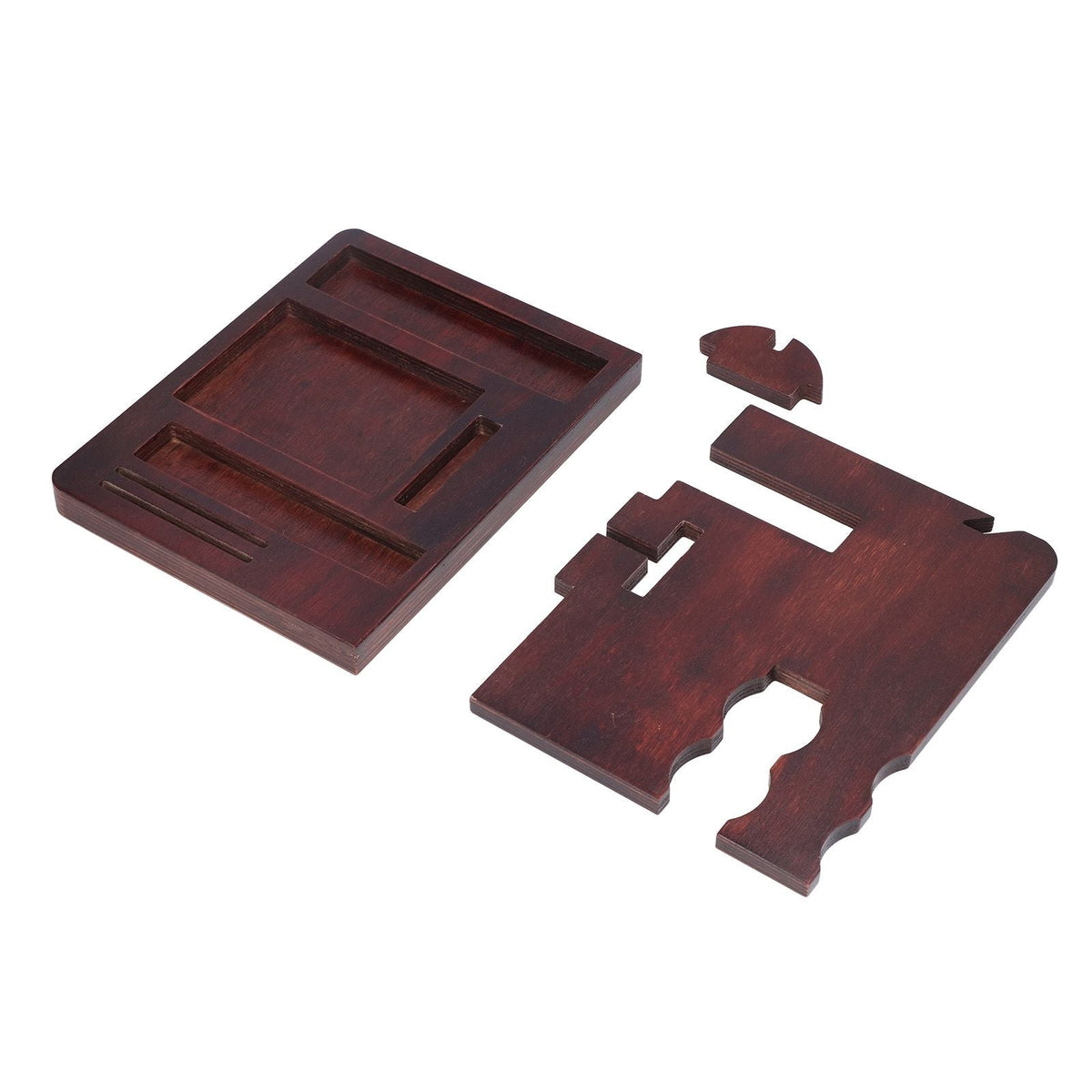 Desktop Storage Bracket in dark reddish-brown wood, shown as a flat tray and a separate notched support panel for assembly