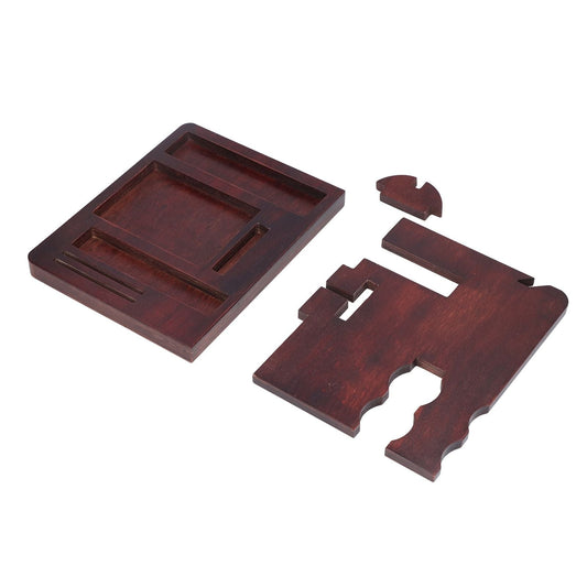 Desktop Storage Bracket in dark reddish-brown wood, shown as a flat tray and a separate notched support panel for assembly