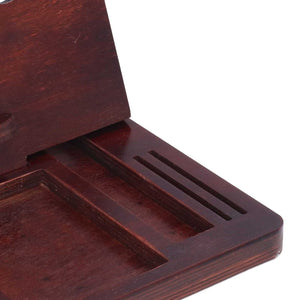 Desktop Storage Bracket in dark reddish-brown wood with a raised back panel and carved slots for holding accessories