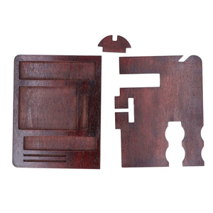 Desktop Storage Bracket in dark reddish-brown wood, shown as separate flat panels with phone and accessory slots