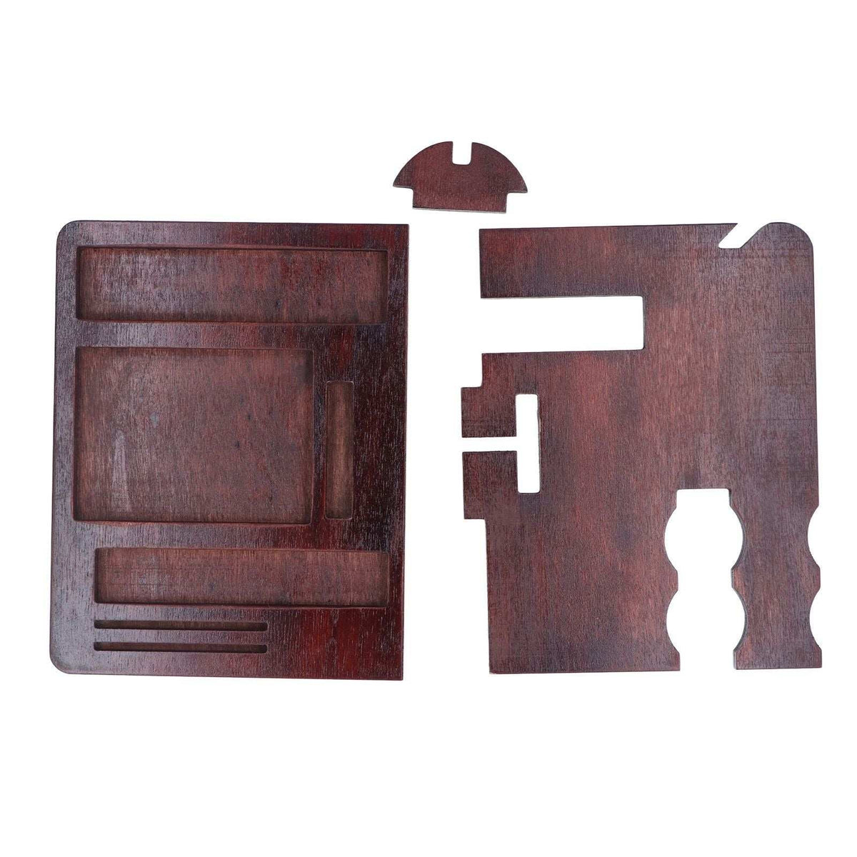 Desktop Storage Bracket in dark reddish-brown wood, shown as separate flat panels with phone and accessory slots