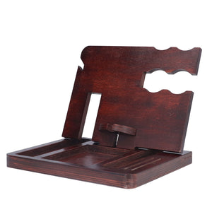 Desktop Storage Bracket in dark reddish-brown polished wood, with a slotted base and upright notched phone holder