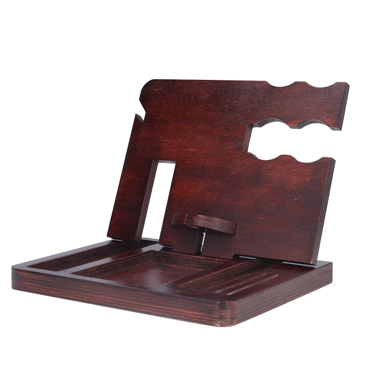 Desktop Storage Bracket in dark reddish-brown polished wood, with a slotted base and upright notched phone holder