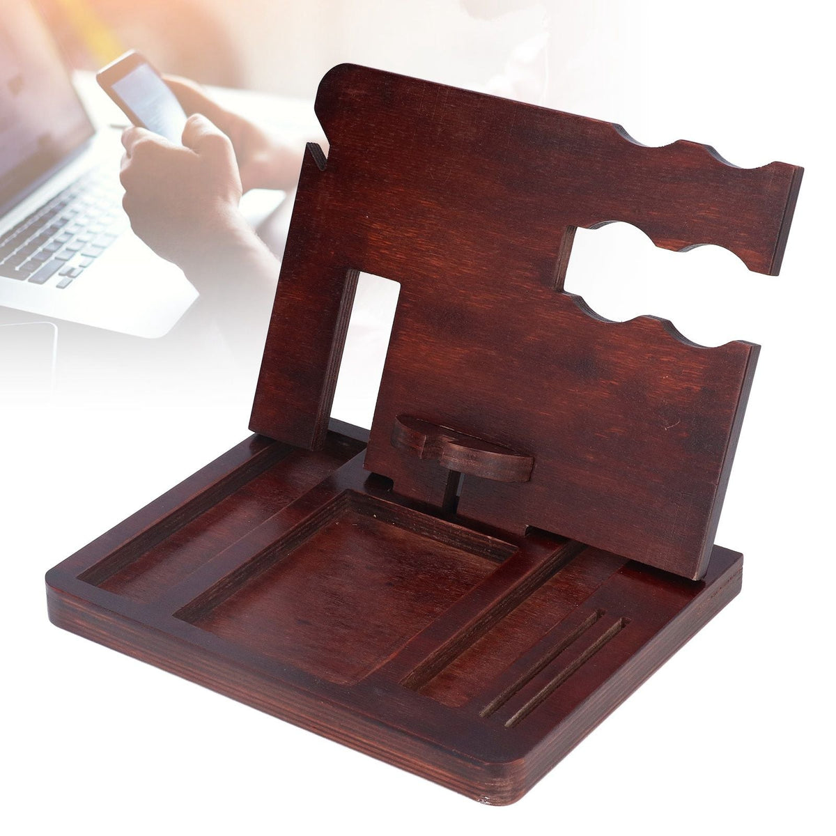 Desktop Storage Bracket in dark reddish-brown wood with a slotted upright phone holder and divided tray compartments