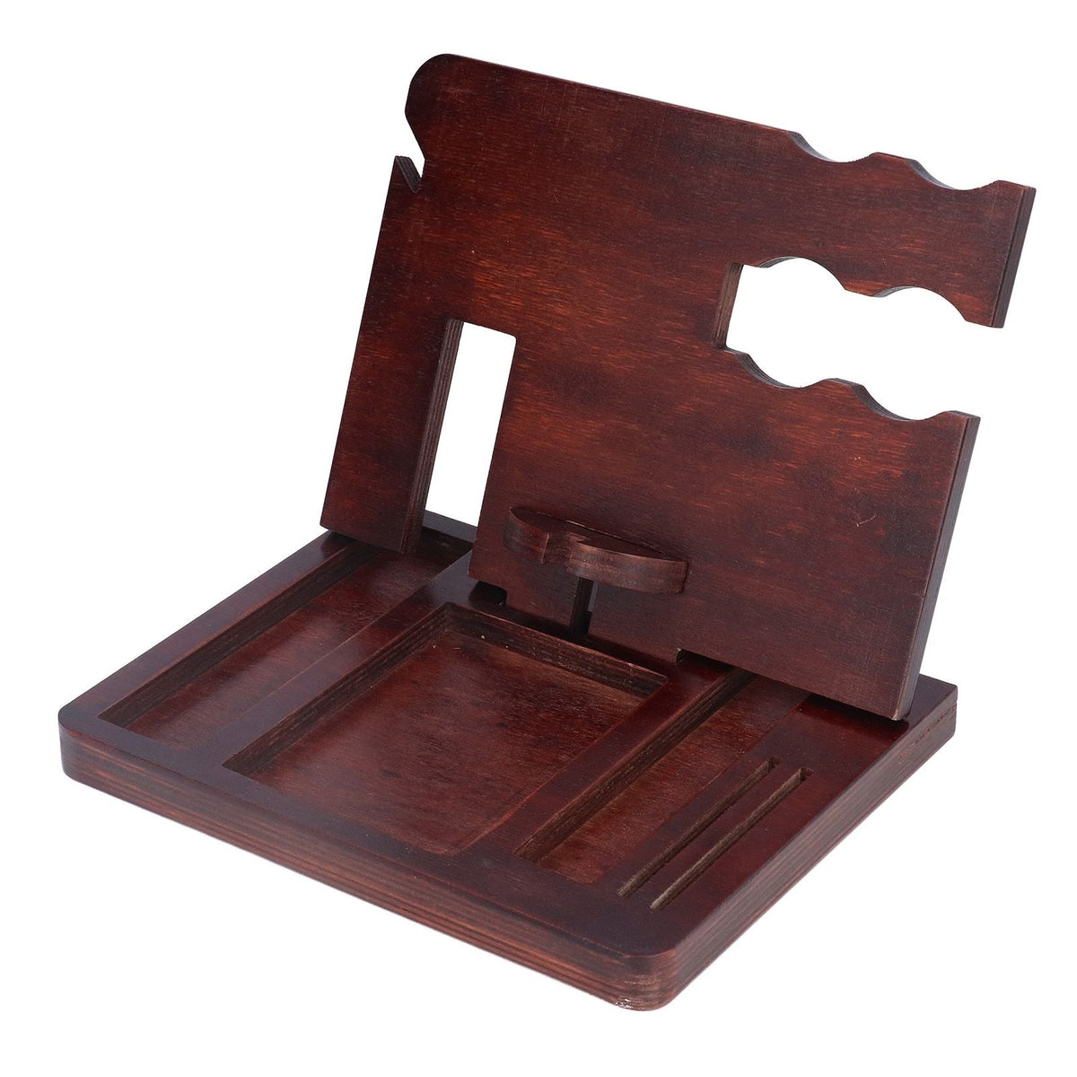 Desktop Storage Bracket in dark reddish-brown wood, with a slotted upright phone holder and divided tray base