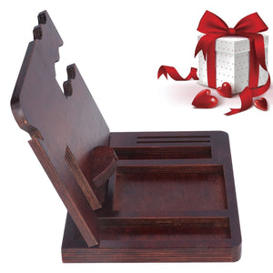 Desktop Storage Bracket in dark brown wood, with a stepped phone rest and divided compartments for small accessories